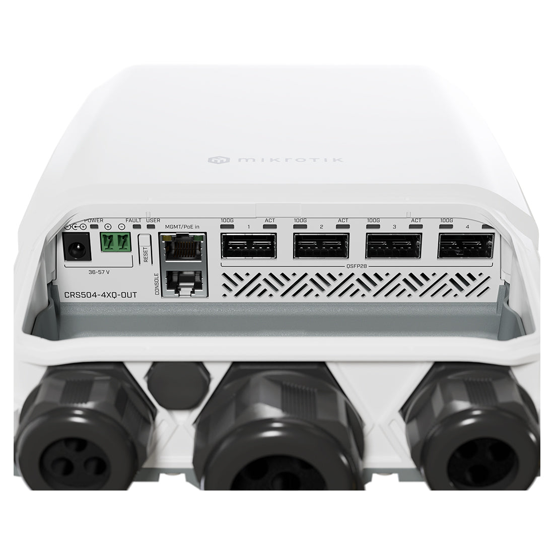 Mikrotik, CRS504-4XQ-OUT, Switch exteriores CPU 650MHz, 128MB RAM, 1 Eth 10/100, 4 QSFP28 100G, CD jack y 802.3bt PoE-in, RouterOS