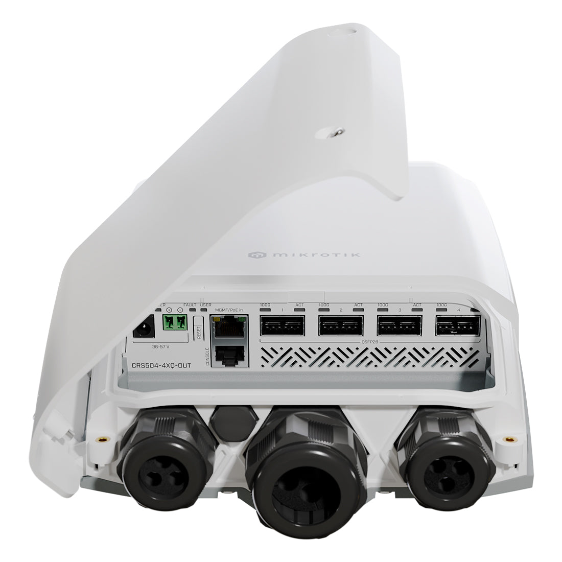 Mikrotik, CRS504-4XQ-OUT, Switch exteriores CPU 650MHz, 128MB RAM, 1 Eth 10/100, 4 QSFP28 100G, CD jack y 802.3bt PoE-in, RouterOS