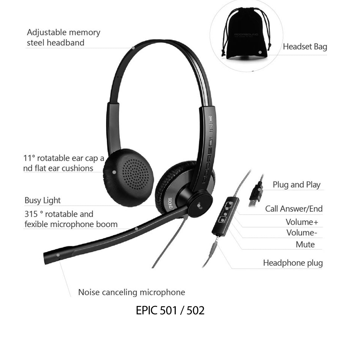 Addasound, EPIC 501-G, Diadema UC, control llamada, mute y vol, 3.5mm y USB, Gris (Monoaural)