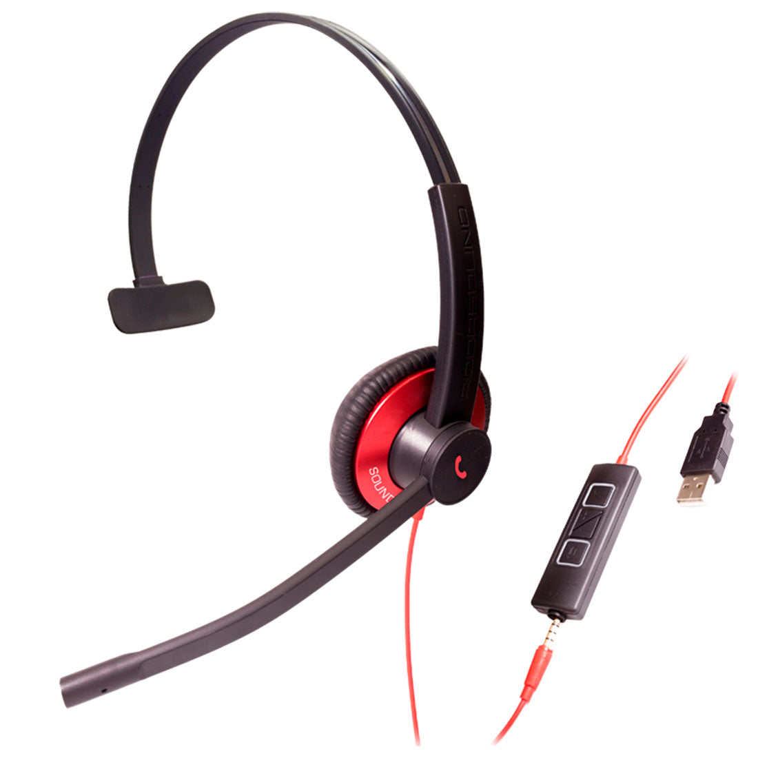 Addasound, EPIC 501-R, Diadema UC, control llamada, mute y vol, 3.5mm y USB, Roja (Monoaural)