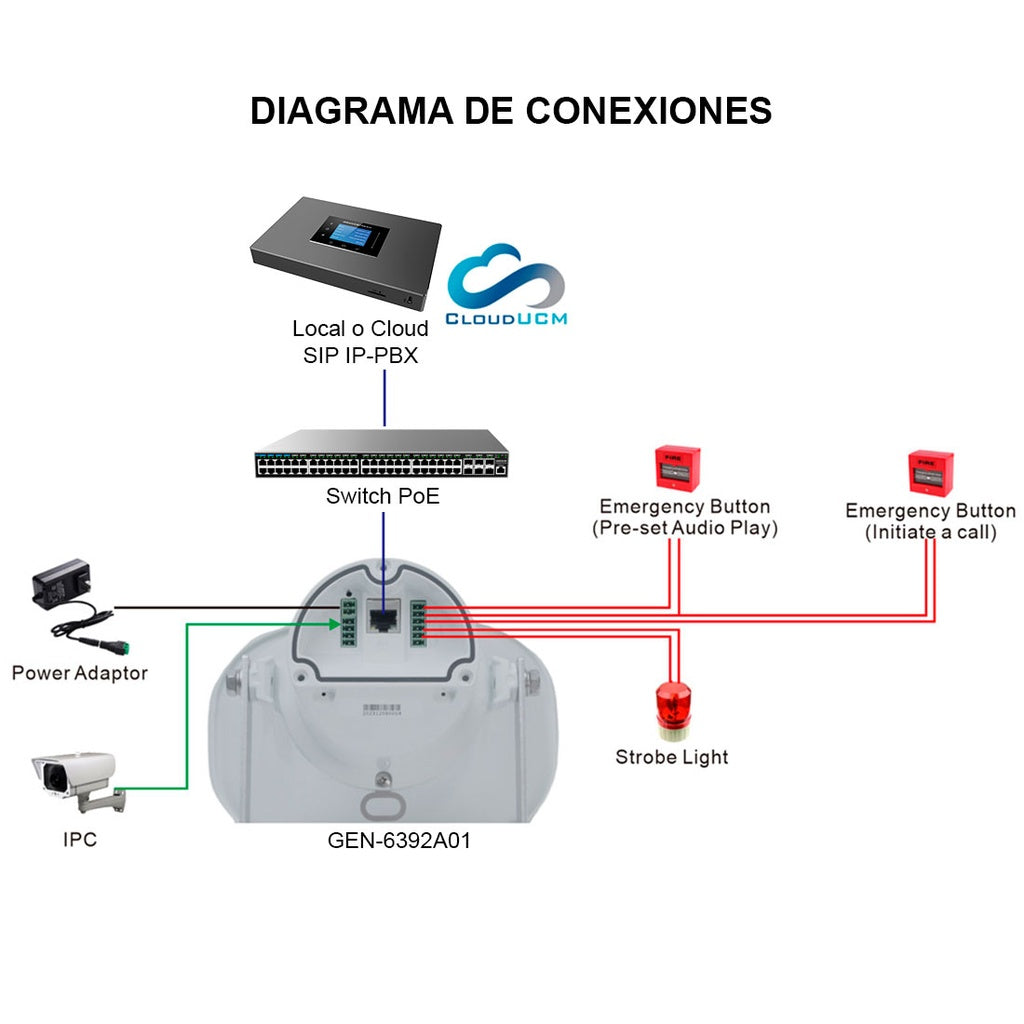 Bocina GEN-6392A01 IP/SIP uso exteriores IP66, PoE o 24V/1A, 10W máx, micrófono, metálica, contactos I/O