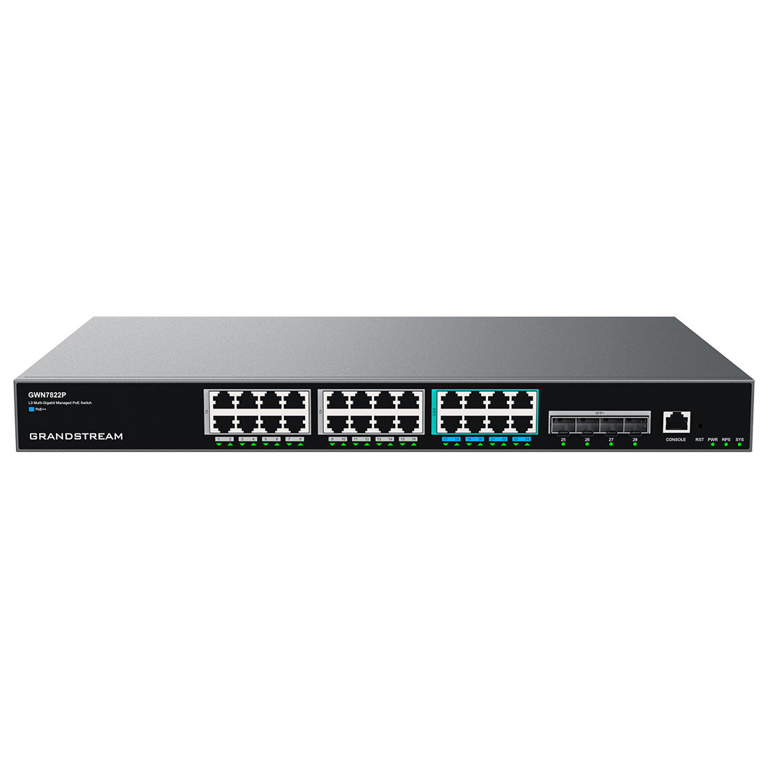 Grandstream, GWN7822P, Switch de agregación PoE++ Administrable capa 3, 8 x 2.5GigaEth PoE++, 16 x GigaEth PoE+, 4 x 10Giga SFP+, 420w, stacking