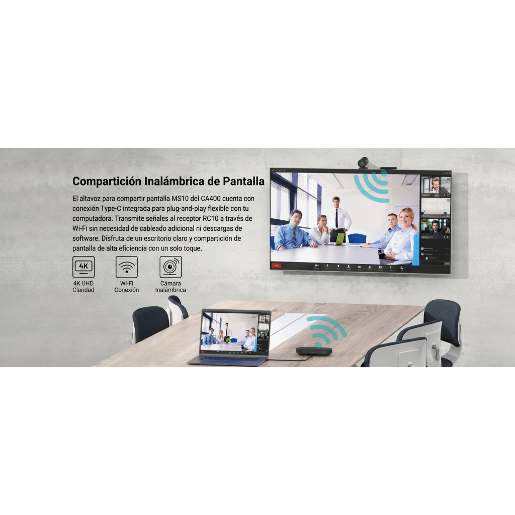 Sistema Videoconferencia 4K Todo en Uno / Cámara 8MP + Altavoz 3W / Micrófono 8 Filas / USB Type-C BYOD / Transmisión Inalámbrica 4K / Salas hasta 32 m² (344 ft²)