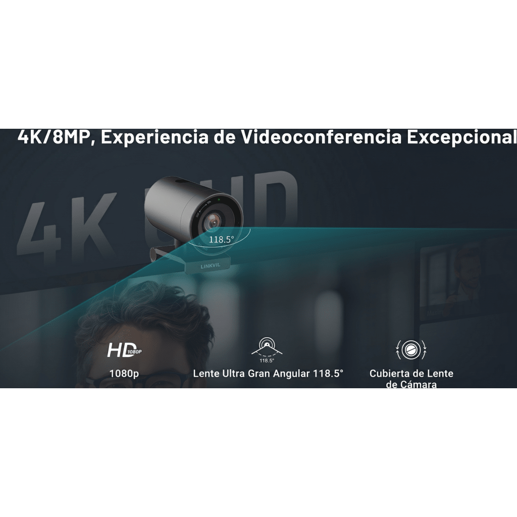 Sistema Videoconferencia 4K Todo en Uno / Cámara 8MP + Altavoz 3W / Micrófono 8 Filas / USB Type-C BYOD / Transmisión Inalámbrica 4K / Salas hasta 32 m² (344 ft²)