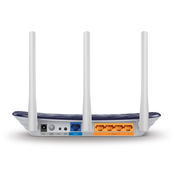 ARCHERC20, Router Inalámbrico doble banda AC, 2.4 GHz y 5 GHz Hasta 733 Mbps, 3 antenas externas omnidireccional, 4 Puertos LAN 10/100 Mbps, 1 Puerto WAN 10/100 Mbps (Parte Trasera)