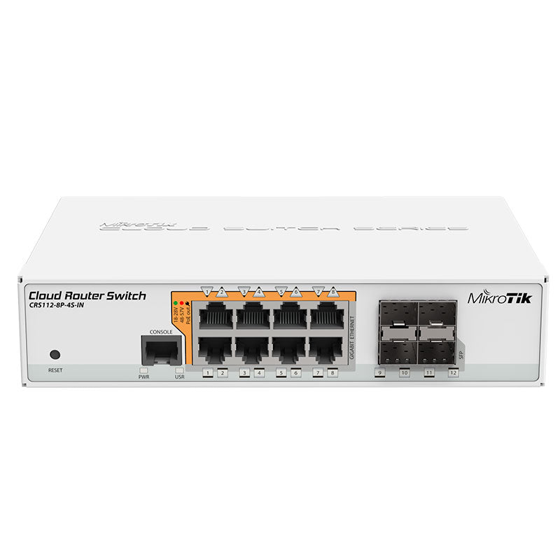 CRS112-8P-4S-IN, Switch PoE 8 GbEth, 4 SFP, 160w, 802.3af/at y 24v pass