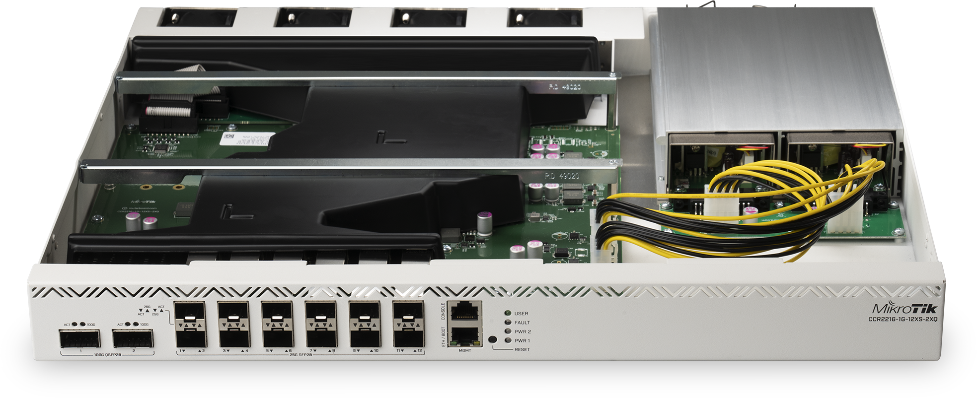 Ruteador Mikrotik CCR2216-1G-12XS-2XQ, CPU 16 Núcleos, RAM 16GB, 12 SFP 25G, 2 QSFP 100G, RouterOS 6