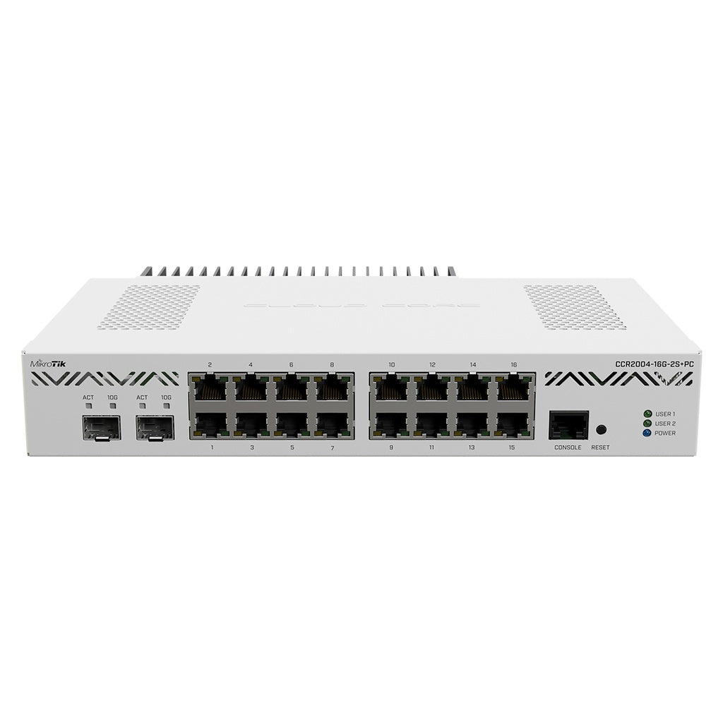 CCR2004-16G-2S+PC, CPU Quad 1200Mhz, RAM 4Gb, 16 x GigaEth, 2 x SFP+ 10G, RouterOS L6