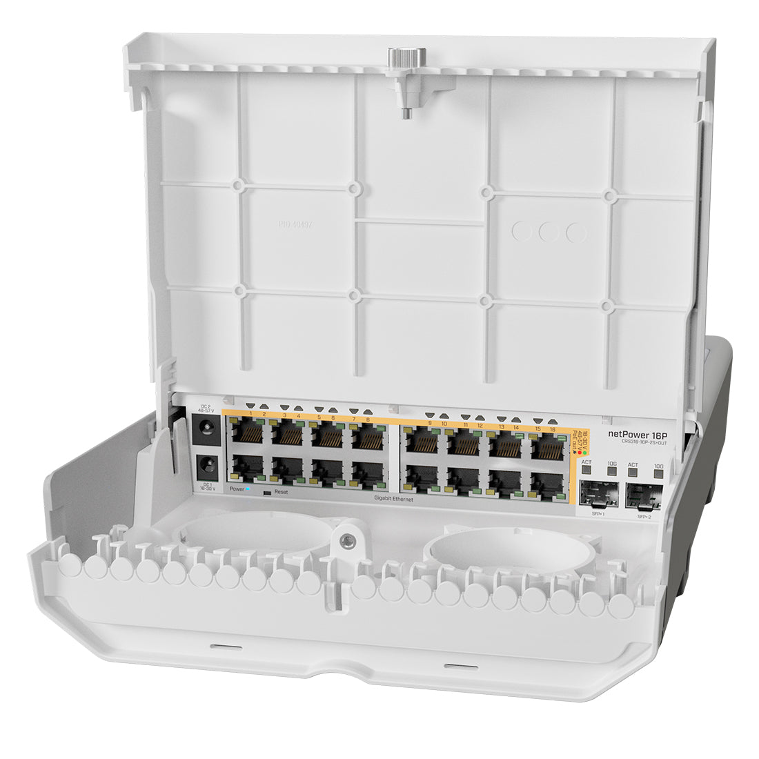 Mikrotik, CRS318-16P-2S+OUT, netPower 16P,  Switch Exteriores, 16 GEth PoE 802.3af/at, 2 SFP+ 10G, 	RouterOS/SwitchOS