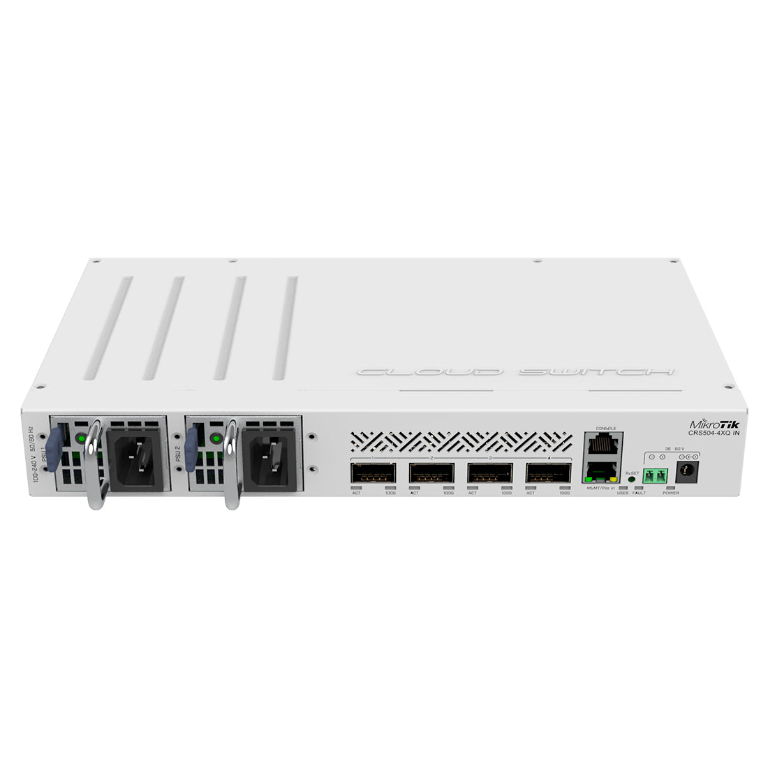 Mikrotik, CRS504-4XQ-IN, Switch CPU 650MHz, 64MB RAM, 1 Eth 10/100, 4 QSFP28 100G, CA/CD y 802.3bt PoE-in, RouterOS