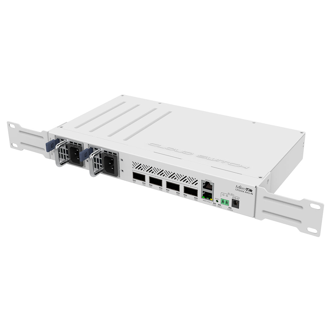 Mikrotik, CRS504-4XQ-IN, Switch CPU 650MHz, 64MB RAM, 1 Eth 10/100, 4 QSFP28 100G, CA/CD y 802.3bt PoE-in, RouterOS