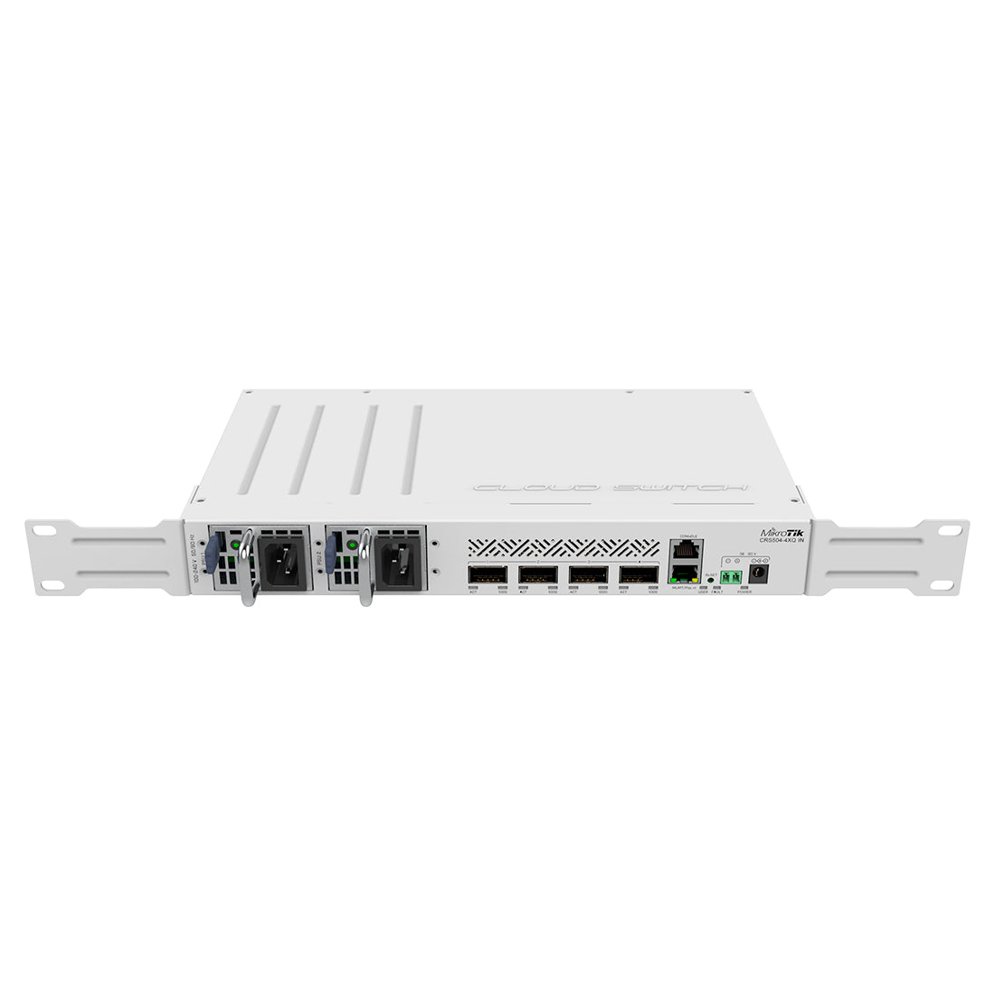 Mikrotik, CRS504-4XQ-IN, Switch CPU 650MHz, 64MB RAM, 1 Eth 10/100, 4 QSFP28 100G, CA/CD y 802.3bt PoE-in, RouterOS