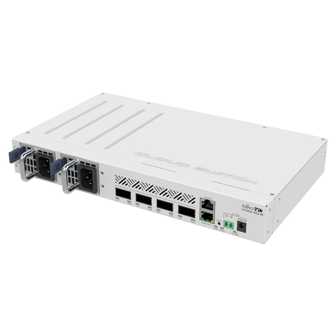 Mikrotik, CRS504-4XQ-IN, Switch CPU 650MHz, 64MB RAM, 1 Eth 10/100, 4 QSFP28 100G, CA/CD y 802.3bt PoE-in, RouterOS