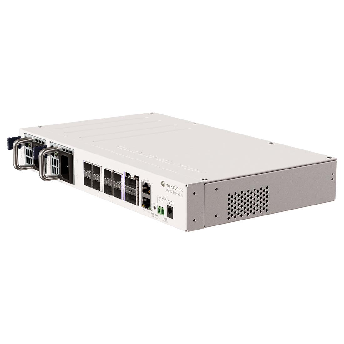 Mikrotik, CRS510-8XS-2XQ-IN, Switch CPU 650MHz, 128MB RAM, 1 Eth 10/100, 8 SFP28 25G, 2 QSFP28 100G, CA/CD y 802.3bt PoE-in, RouterOS