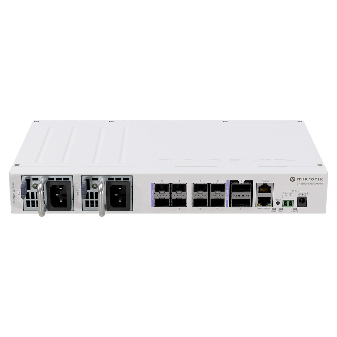 Mikrotik, CRS510-8XS-2XQ-IN, Switch CPU 650MHz, 128MB RAM, 1 Eth 10/100, 8 SFP28 25G, 2 QSFP28 100G, CA/CD y 802.3bt PoE-in, RouterOS