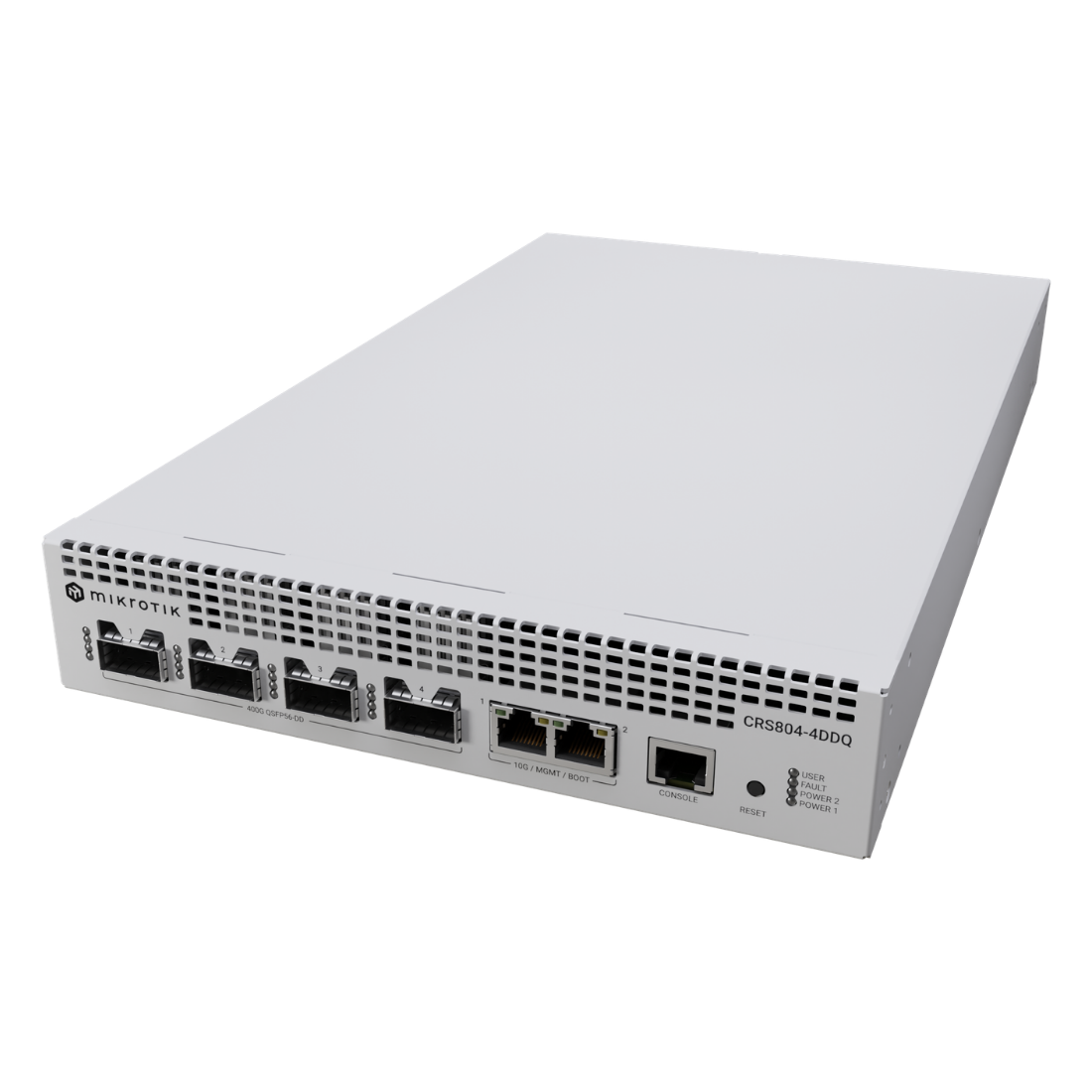 Mikrotik, CRS804-4DDQ-hRM, Switch/Router, CPU 4 nucleos 2000 MHz, 4 GB RAM, 4 x QSFP56-DD de 400G, 2 x GEth 10 Gigabit, RouterOS v7