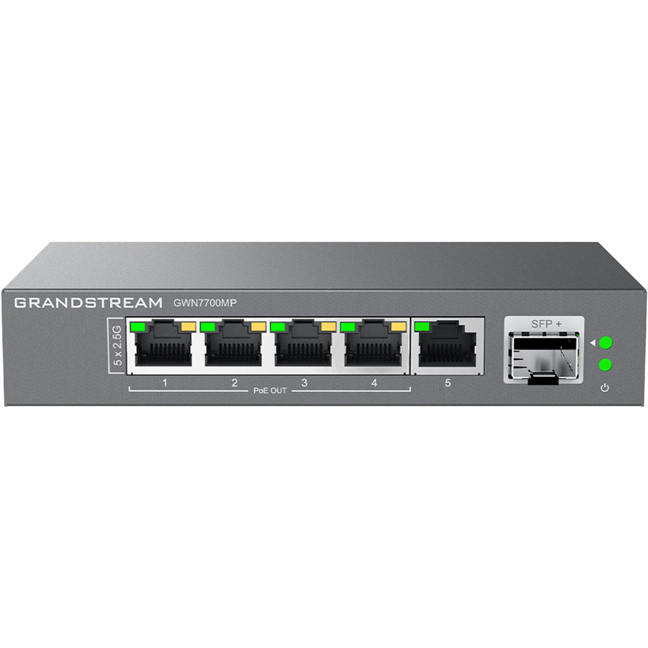 Grandstream, GWN7700MP, Switch No Administrable, 5 x 2.5GEth, 4 x PoE af/at hasta 30w, 1× SFP+, fuente 60w