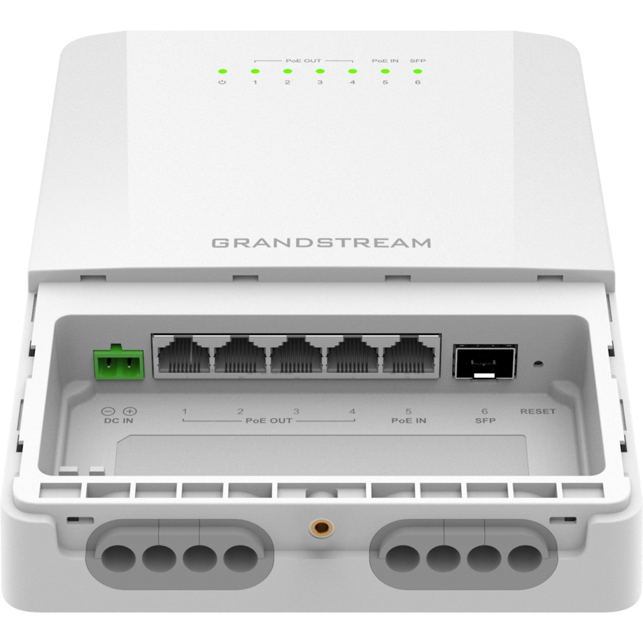 Grandstream, GWN7710R, Switch Administrable capa 2-lite, exteriores IP66, 5 x GigaEth, 4 x PoE out at/af o pasivo y 1 In, 1 x SFP