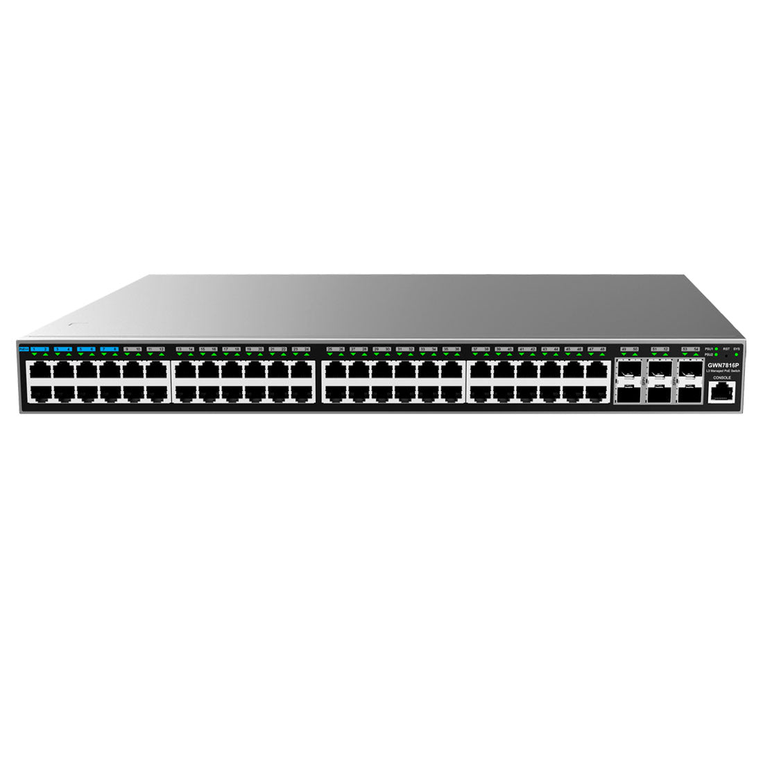 Grandstream, GWN7816P, Switch Administrable capa 3, 48 x GigaEth PoE y 6 x 10 Giga SFP+, fuente de 920w