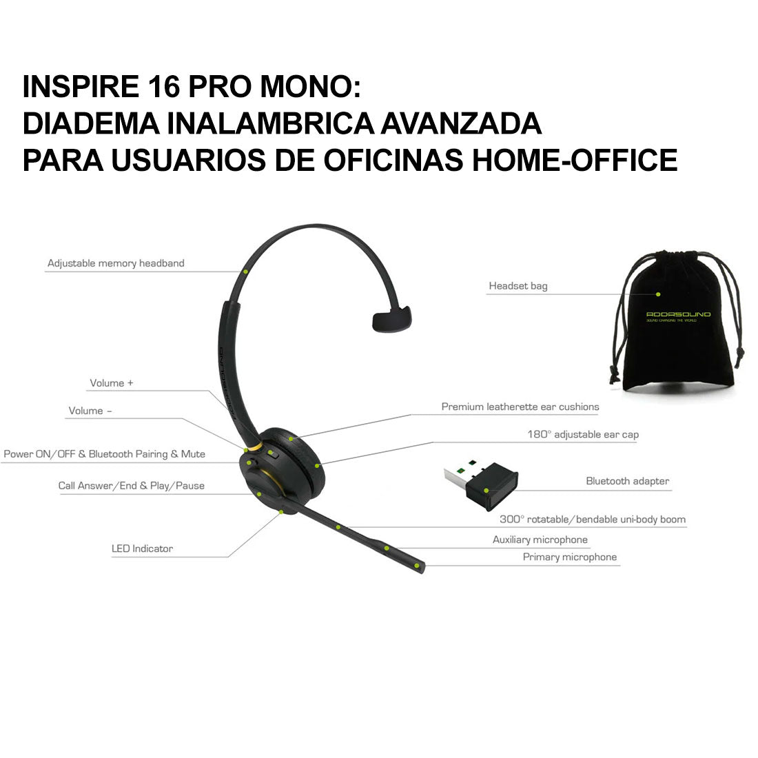 Addasound, INSPIRE 16PRO-MONO C-D, Diadema Bluetooth Monoaural Profesional, cancelación ruido, 30 mts, adaptador USB-BT