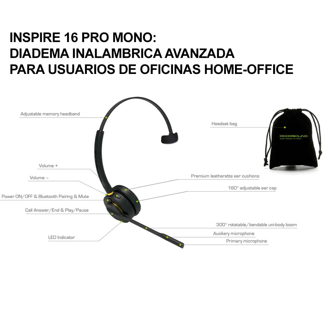 Addasound, INSPIRE 16PRO-MONO-S-D, Diadema Bluetooth Monoaural Profesional, cancelación ruido, 30 mts, Sin adaptador USB-BT