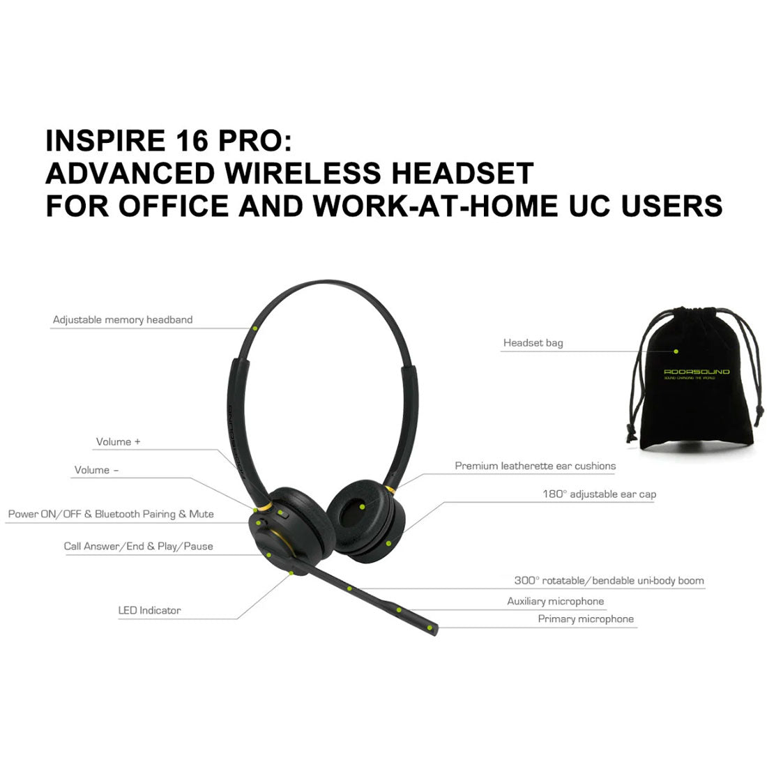 Addasound, INSPIRE 16PRO-S-D, Diadema Bluetooth Binaural Profesional, cancelación ruido, 30 mts, sin adaptador USB-BT