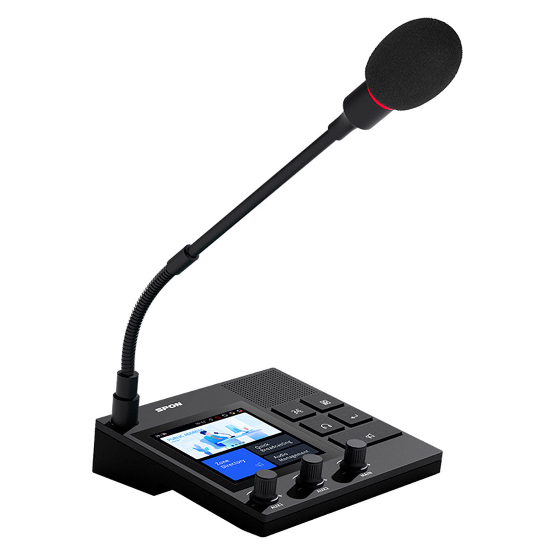 Spon, XC-9038N, Consola Voceo IP-SIP, mixer 5 canales, Bluetooth, USB, pantalla táctil, gabinete de aluminio