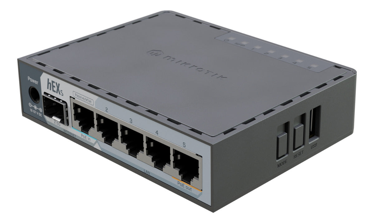 Mikrotik, Enrutador Usb Poe Mikrotik Hex S De 5 Puertos Gigabit Sfp (e60iugs)