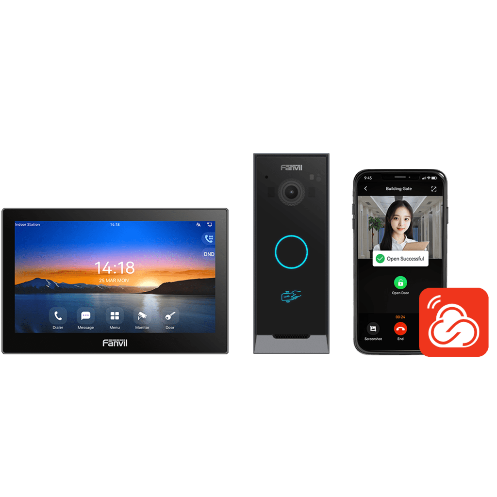 Kit Videoportero IP / Estación Interior i504W + Frente de Calle i60 / Pantalla Táctil 7" HD / Videollamadas H.264/H.265 / Wi-Fi Dual Band / PoE / App Fanvil Link / ONVIF / 10,000 Tarjetas RFID