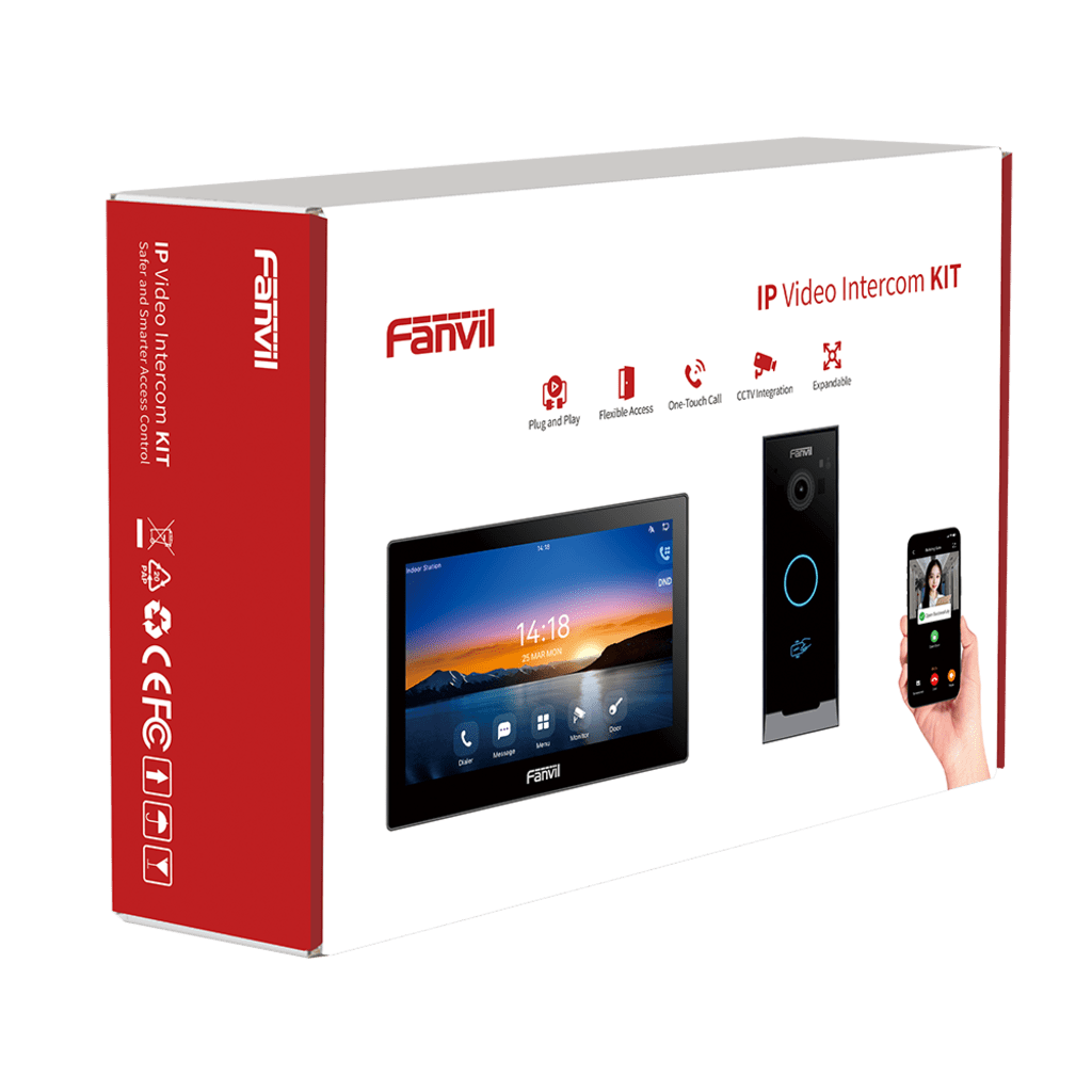 Kit Videoportero IP / Estación Interior i504W + Frente de Calle i60 / Pantalla Táctil 7" HD / Videollamadas H.264/H.265 / Wi-Fi Dual Band / PoE / App Fanvil Link / ONVIF / 10,000 Tarjetas RFID