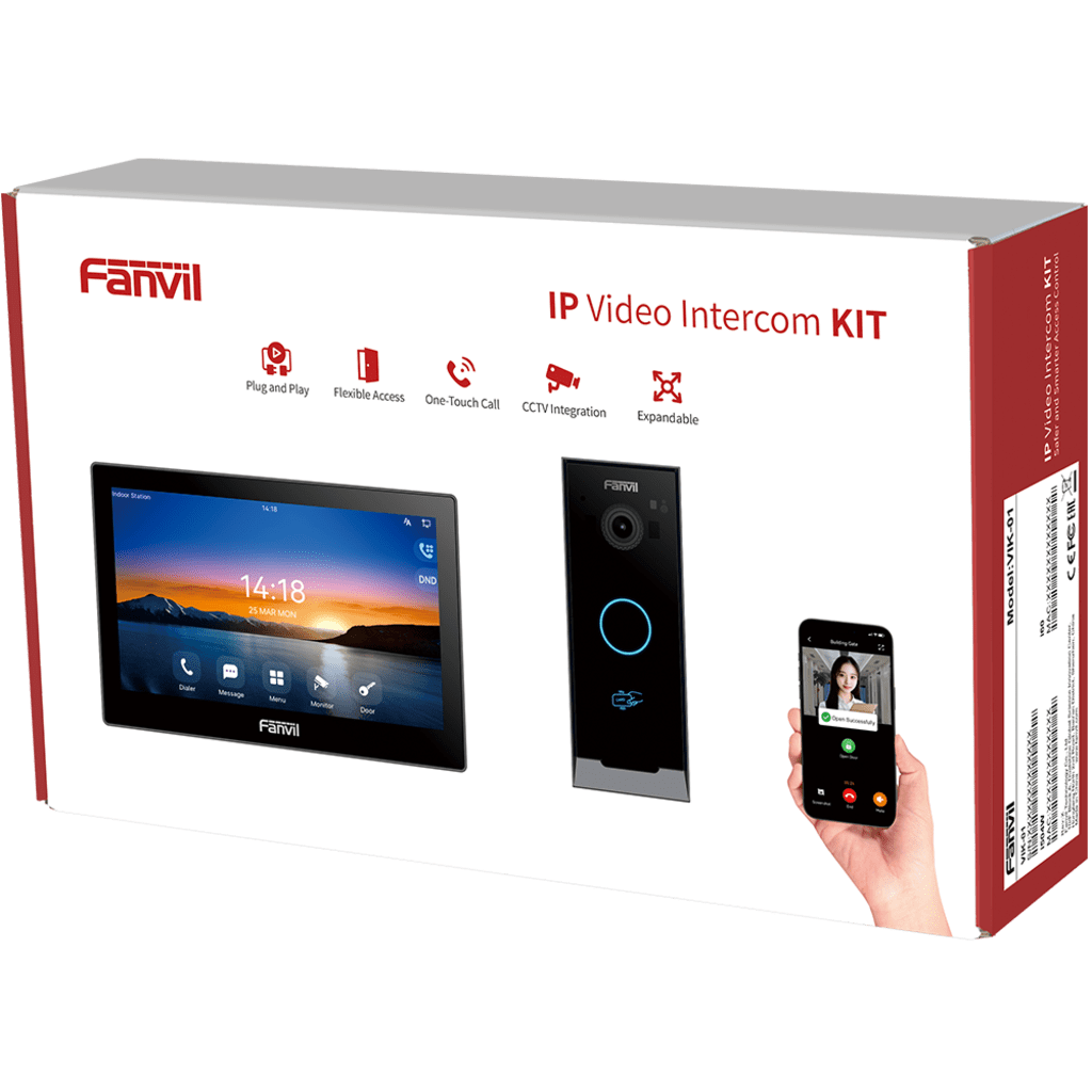 Kit Videoportero IP / Estación Interior i504W + Frente de Calle i60 / Pantalla Táctil 7" HD / Videollamadas H.264/H.265 / Wi-Fi Dual Band / PoE / App Fanvil Link / ONVIF / 10,000 Tarjetas RFID