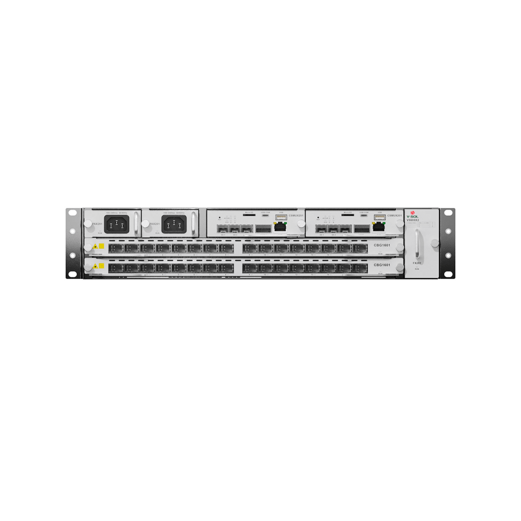 OLT Modular tipo Chasis GPON/XGS-PON Combo,1 Tarjeta de Servicio de 16 Puertos GPON, 2 Ranuras, 2 Fuentes de Alimentación AC, 2 UR