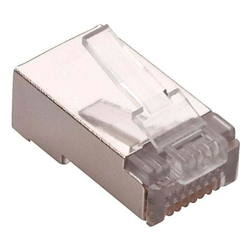 301-188, Conector macho (plug) de 8 contactos (RJ45) blindado, para cable redondo FTP o STP en Categoría 5e.