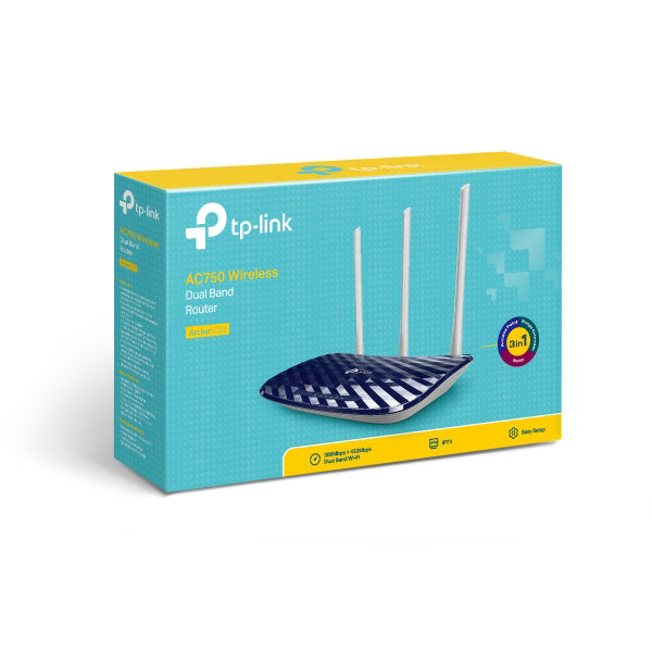 ARCHERC20, Router Inalámbrico doble banda AC, 2.4 GHz y 5 GHz Hasta 733 Mbps, 3 antenas externas omnidireccional, 4 Puertos LAN 10/100 Mbps, 1 Puerto WAN 10/100 Mbps (Caja)