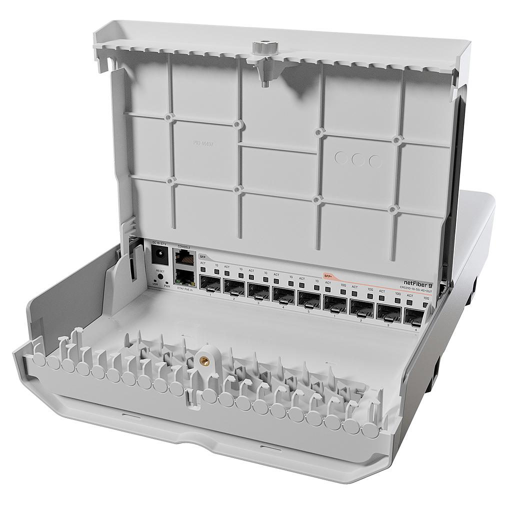 CRS310-1G-5S-4S+OUT, NetFiber 9, Ruteador/Switch exteriores, CPU un nucleo 800Mhz, RAM 256MB, 1xGigaEth, 5xSFP 1Gbps, 4xSFP+ 10Gbps, RouterOS L5