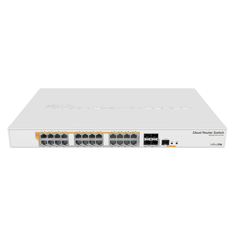 CRS328-24P-4S+RM, Switch PoE 24 EthGb, 4 SFP+, 500w, 802.3af/at y pasivo