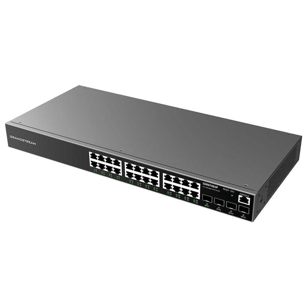 GWN7803P, Switch Administrable capa 2, 24 x GigaEth PoE/PoE+ y 4 x Giga SFP, 400w, 30w máx puerto PoE