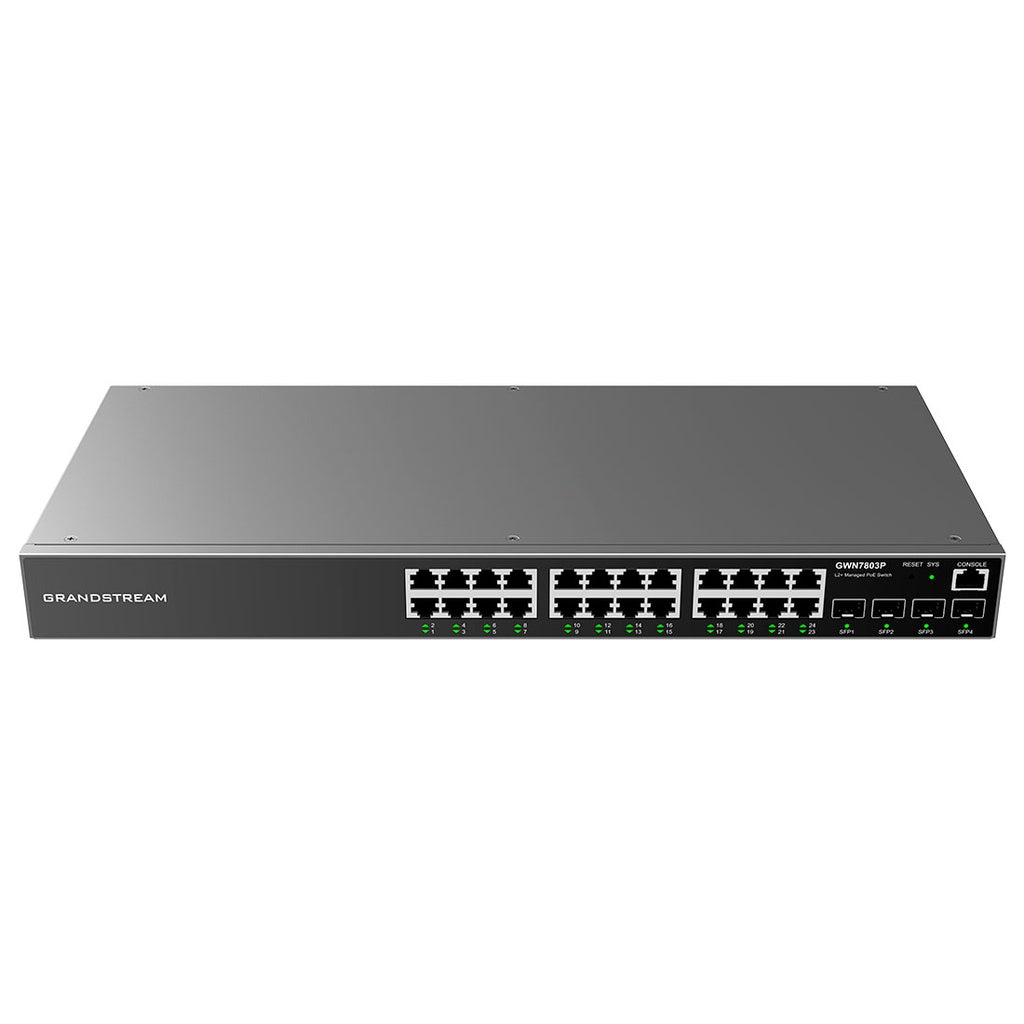 GWN7803P, Switch Administrable capa 2, 24 x GigaEth PoE/PoE+ y 4 x Giga SFP, 400w, 30w máx puerto PoE